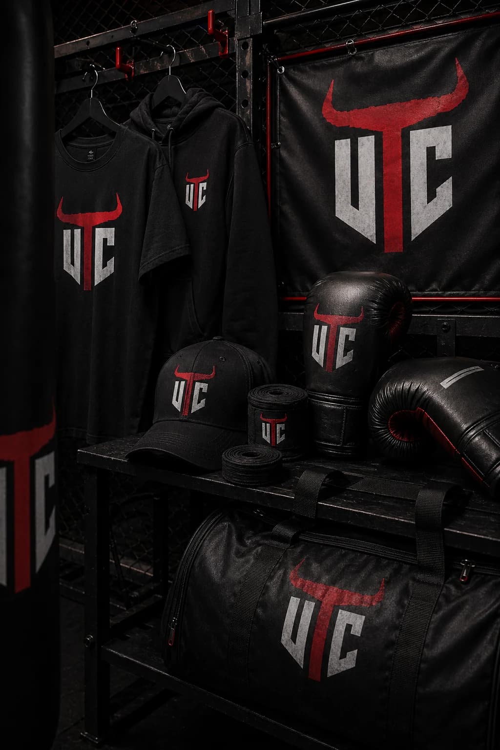 UTC branded fight gear and clothing on a gym equipment rack